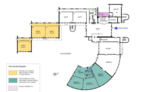 aménagement de 3 salles de classes (jaune) et ensemble garderie alsh et extension cantine (vert)