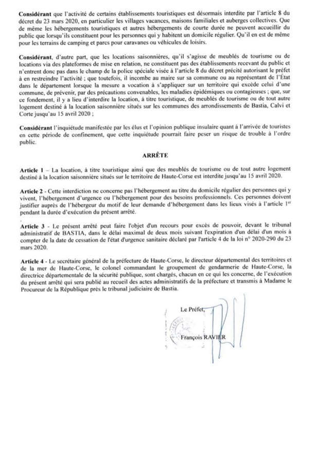 Covid-19 : Arrêté préfectoral du 4 avril 2020 interdisant les locations saisonnières