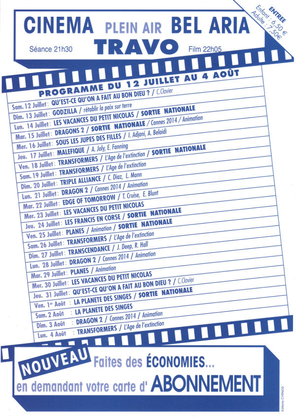 Le programme du cinéma en plein air BEL ARIA de Travo