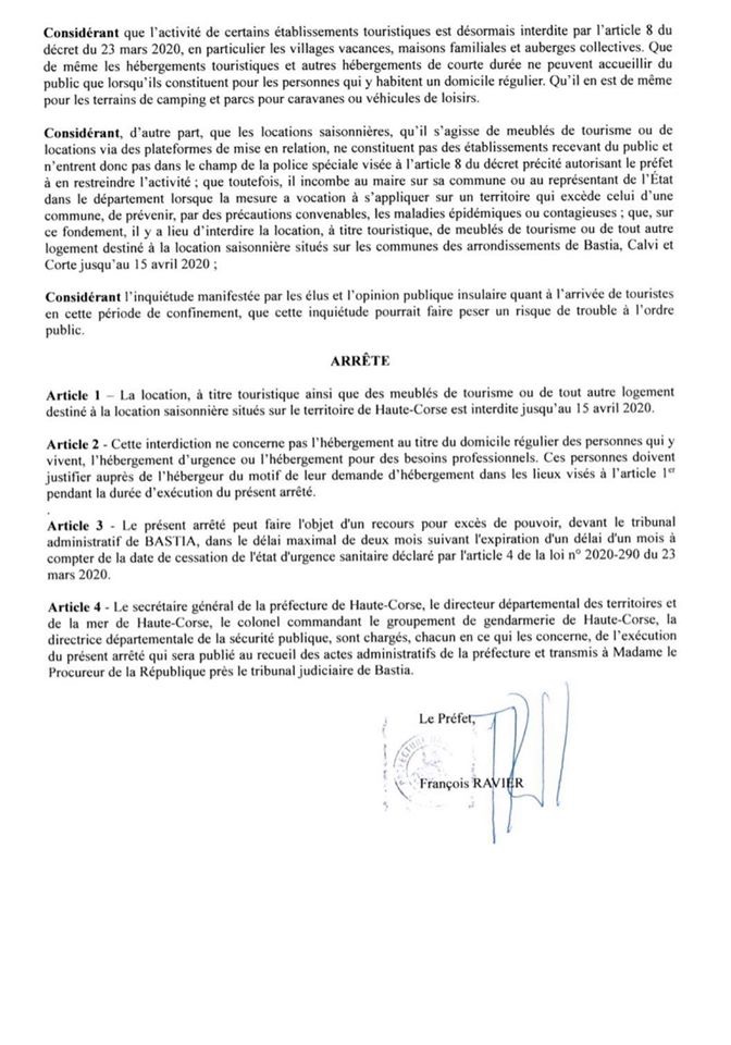 Covid-19 : Arrêté préfectoral du 4 avril 2020 interdisant les locations saisonnières