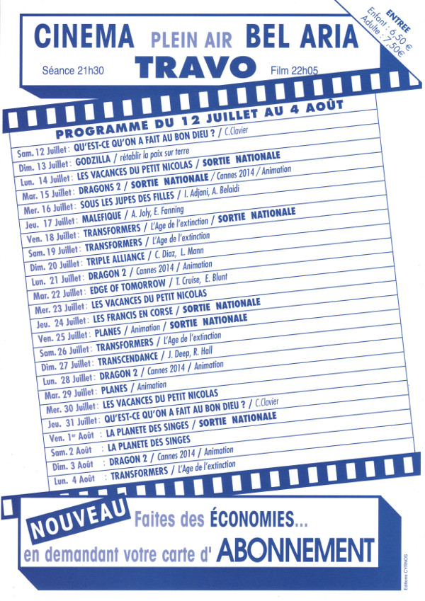 Le programme du cinéma en plein air BEL ARIA de Travo